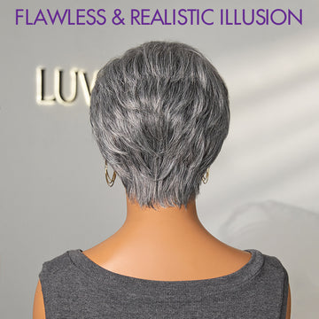 Salt & Pepper Glueless Throw On & Go Short Pixie Cut Wig with Bangs Breathable Cap Grey Wig - US Only-05