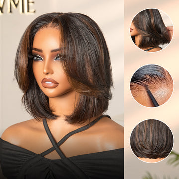 Blonde Highlight / Brown Highlight Short Layered Bob Wig Glueless 5x5 Closure Pre-Cut Lace Wig-23