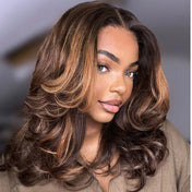 Crazy Wednesday | Brown Highlight Middle Part Effortlessly Chic Layered Haircut Wavy Glueless HD Minimalist Lace Short Wig-27