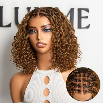 Ombre Brown Highlight Boho Braids Deep Curly Glueless 5x5 Closure Pre-Cut Lace Short Curly Wig 100% Human Hair-01