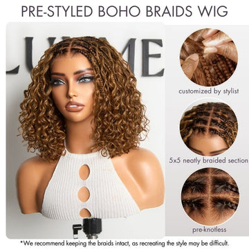 Ombre Brown Highlight Boho Braids Deep Curly Glueless 5x5 Closure Lace with Braided Top Human Hair Wig Pre-Cut Lace-10