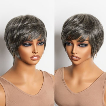 Throw On & Go Salt & Pepper Short Pixie Cut Glueless Wig with Bangs 100% Human Hair Ultra Comfort Cotton Cap Hair Loss Friendly-06