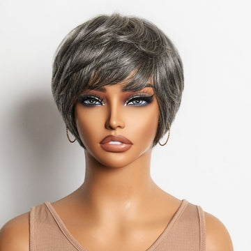 Throw On & Go Salt & Pepper Short Pixie Cut Glueless Wig with Bangs 100% Human Hair Ultra Comfort Cotton Cap Hair Loss Friendly-07