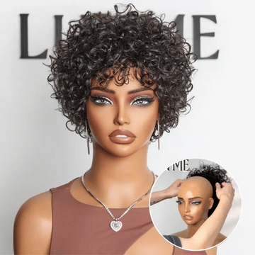 Brown Highlight Throw On & Go Short Bouncy Curls with Bangs Glueless Wig 100% Human Hair - US Only-11