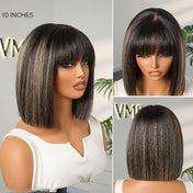Put On and Go Blonde Highlight Yaki Straight Blunt Cut Bob Glueless Minimalist Lace Short Wig with Bangs-04