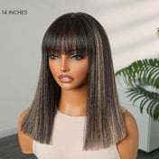 Put On and Go Blonde Highlight Yaki Straight Blunt Cut Bob Glueless Minimalist Lace Short Wig with Bangs-08