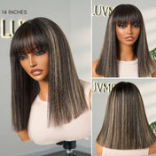 Put On and Go Blonde Highlight Yaki Straight Blunt Cut Bob Glueless Minimalist Lace Short Wig with Bangs-05