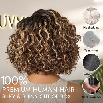 Ready to Go Blonde Highlight Water Wave Short Curly Bob Wig Glueless Minimalist HD Lace Wig Pre-Cut Lace-05