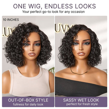 Ready to Go Blonde Highlight / Natural Black Water Wave Short Curly Bob Wig Glueless Minimalist HD Lace Wig Pre-Cut Lace-13