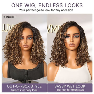 Ready to Go Blonde Highlight / Natural Black Water Wave Short Curly Bob Wig Glueless Minimalist HD Lace Wig Pre-Cut Lace-19
