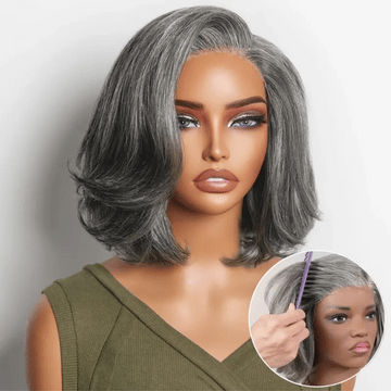 Salt & Pepper 100% Human Hair Layered Bob Wig Glueless Minimalist Lace Grey Wig Pre-Cut Lace-09