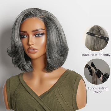 Salt & Pepper 100% Human Hair Layered Bob Wig Glueless Minimalist Lace Grey Wig Pre-Cut Lace-11