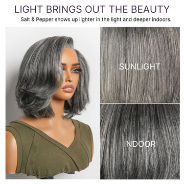 Salt & Pepper 100% Human Hair Layered Bob Wig Glueless Minimalist Lace Grey Wig Pre-Cut Lace-12