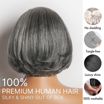 Salt & Pepper 100% Human Hair Layered Bob Wig Glueless Minimalist Lace Grey Wig Pre-Cut Lace-13