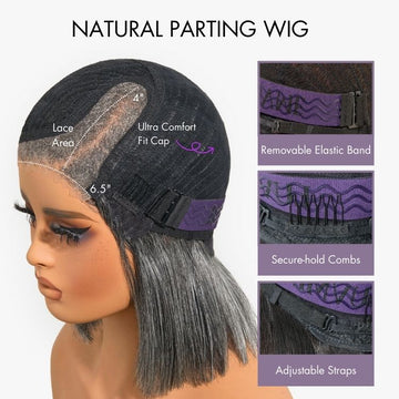 Salt & Pepper 100% Human Hair Layered Bob Wig Glueless Minimalist Lace Grey Wig Pre-Cut Lace-15