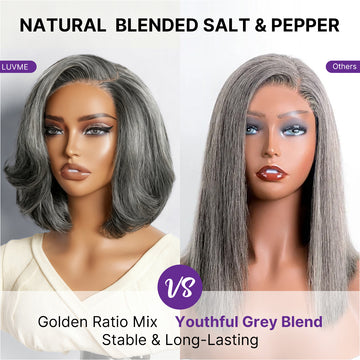Salt & Pepper 100% Human Hair Layered Bob Wig Glueless Minimalist Lace Grey Wig Pre-Cut Lace-19