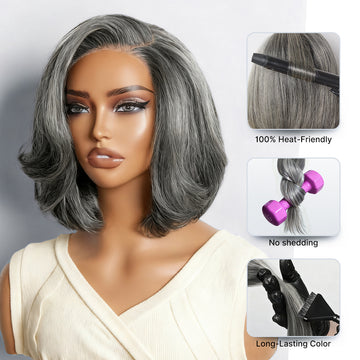 Salt & Pepper 100% Human Hair Layered Bob Wig Glueless Minimalist Lace Grey Wig Pre-Cut Lace-18