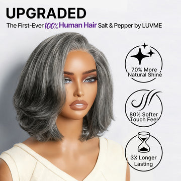 Salt & Pepper 100% Human Hair Layered Bob Wig Glueless Minimalist Lace Grey Wig Pre-Cut Lace-17