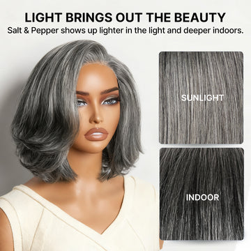 Salt & Pepper 100% Human Hair Layered Bob Wig Glueless Minimalist Lace Grey Wig Pre-Cut Lace-23