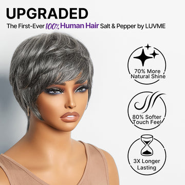 Salt & Pepper 100% Human Hair Short Pixie Cut Glueless Wig with Bangs Ultra Comfort Cotton Cap Hair Loss Friendly-10