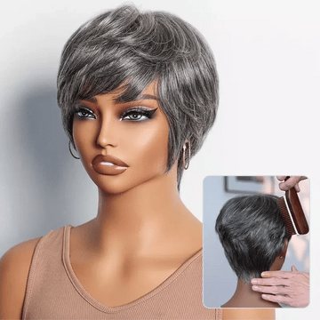 Salt & Pepper 100% Human Hair Short Pixie Cut Glueless Wig with Bangs Ultra Comfort Cotton Cap Hair Loss Friendly-09
