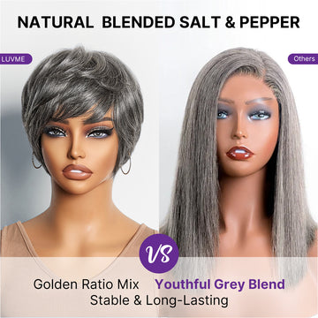 Salt & Pepper 100% Human Hair Short Pixie Cut Glueless Wig with Bangs Ultra Comfort Cotton Cap Hair Loss Friendly-12