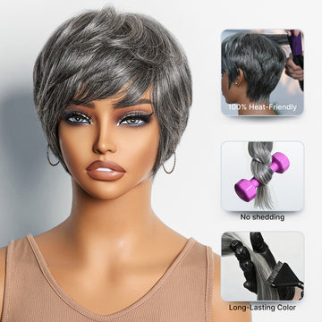 Salt & Pepper 100% Human Hair Short Pixie Cut Glueless Wig with Bangs Ultra Comfort Cotton Cap Hair Loss Friendly-11