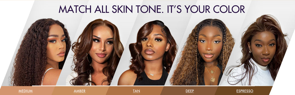 The images show black women of varying skin tones wearing brown wigs. Shows how a brown wig can flatter both light and dark skinned cheeks.