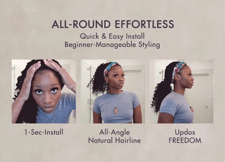 Pic shows that Luvme headband wigs can be installed in 1 second and show a natural hairline. You can updo your hair as you wish