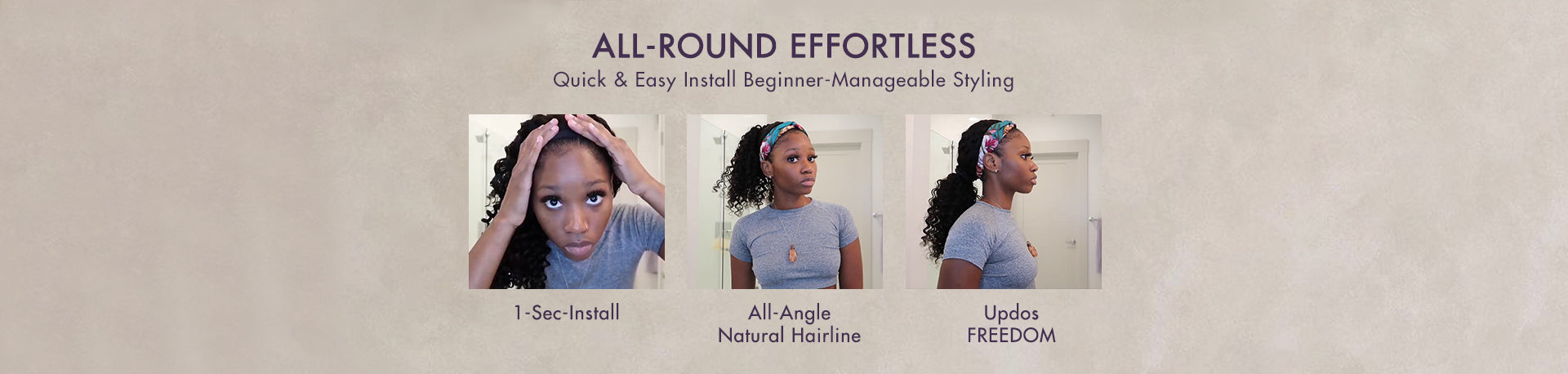 Pic shows that Luvme headband wigs can be installed in 1 second and show a natural hairline. You can updo your hair as you wish