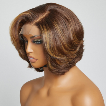 Limited Design | Toffee Brown Mix Blonde 4x4 Closure Lace Glueless C Part Short Wig 100% Human Hair