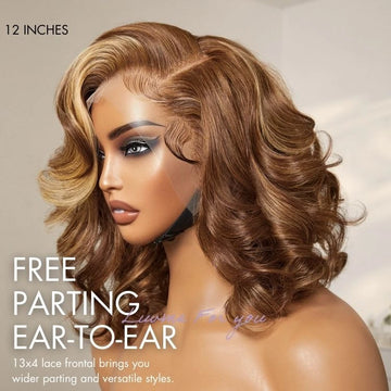 Side View of 12 Inch Honey Blonde Highlight Loose Body Wave Glueless 13x4 Lace Front Wig