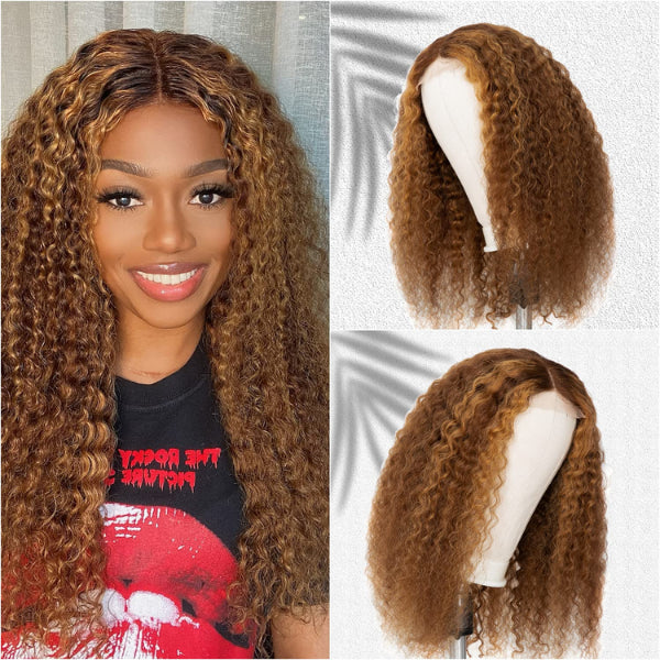 Mix Brown Deep Wave 4x4 Closure Lace Glueless Mid Part Long Wig 100% Human Hair
