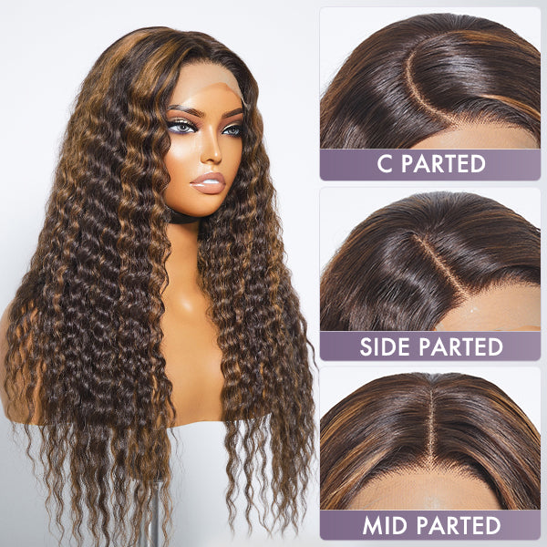 Boho-Chic | Chestnut Brown Highlights Bohemian Curly 5×5 Closure Lace Glueless Mid Part Long Curly Wig