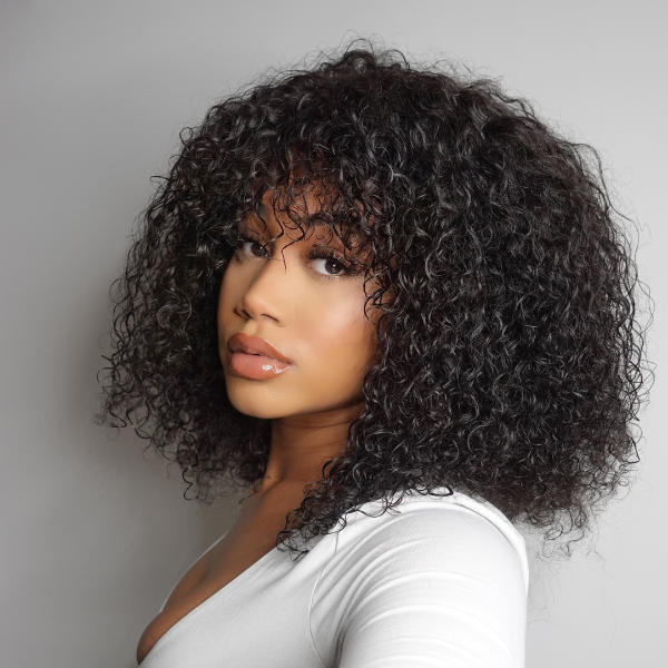 Bouncy Shaggy Curly Minimalist HD Lace Long Wig with Bangs 100% Human Hair