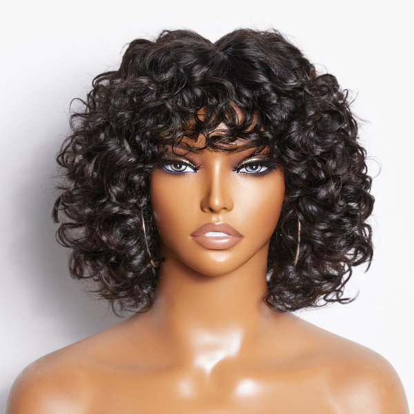 Light Weight Short Cut Water Wave Glueless Minimalist Lace Wig with Curly Bangs