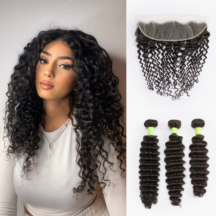 Deep Wave 13x4 Lace Frontal with 3 Curly Bundles Proportioned Length Set 100% Human Hair