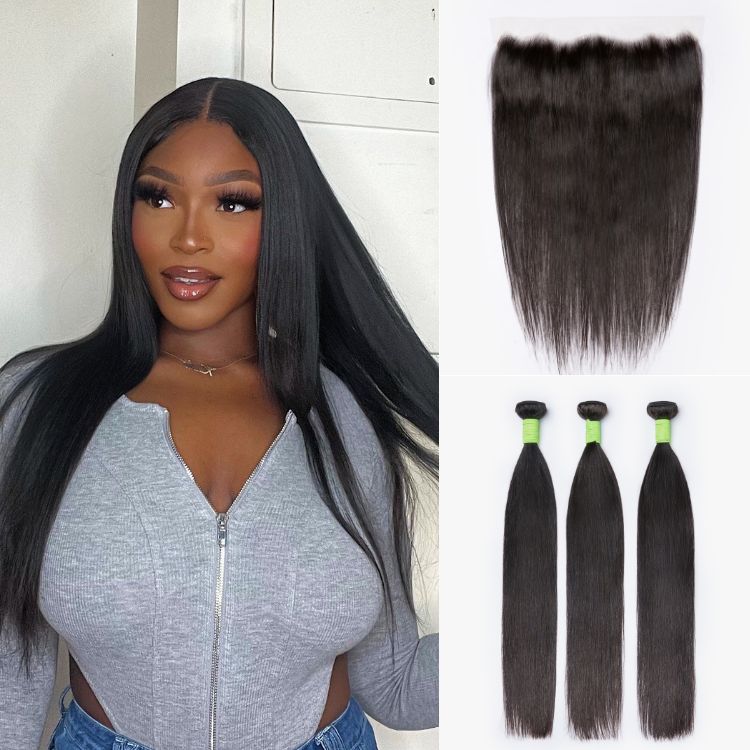 Silky Straight 13x4 Lace Frontal with 3 Bundles 100% Human Hair
