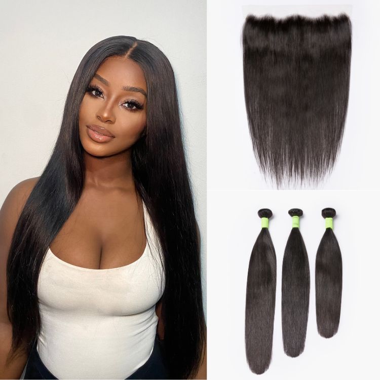 Silky Straight 13x4 Lace Frontal with 3 Bundles Proportioned Length Set 100% Human Hair