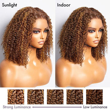 This image compares a wig under sunlight and indoor lighting, showing brighter tones and defined curls in sunlight versus darker indoor hues.