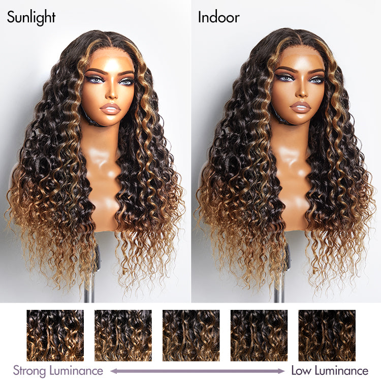Fluffy Brown Ombre Highlights Water Wave Glueless 5x5 Closure HD Lace Long Curly Wig