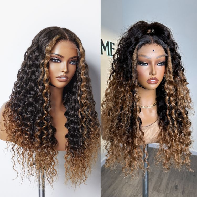 Fluffy Brown Ombre Highlights Water Wave Glueless 5x5 Closure HD Lace Wig