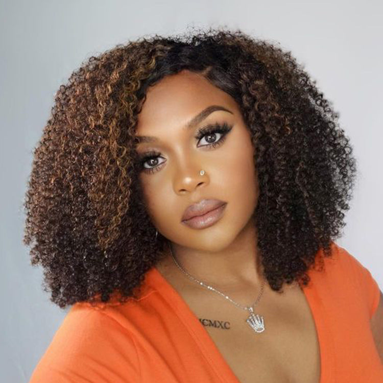 Flash Sale | Brown Highlight Deep Side Part Afro Glueless 5x5 Closure Lace Wig Breathable Cap