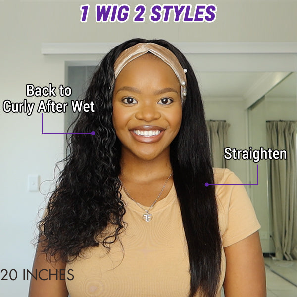 Wet And Wavy | Throw On & Go Water Wave Glueless Long Headband Wig 100% Human Hair (Get Free Trendy Headbands)