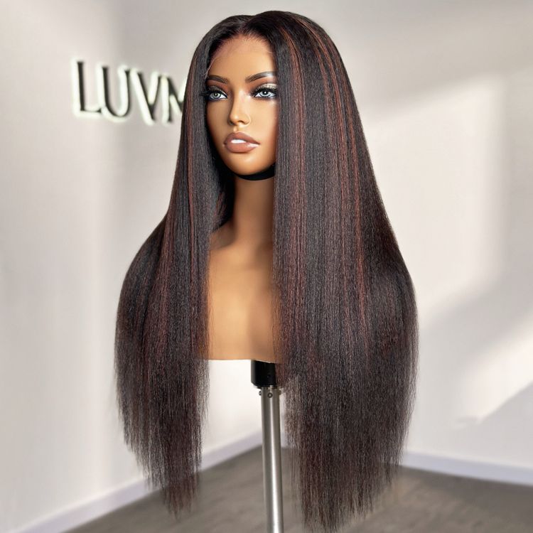 Highlight Kinky Straight Mid Part Glueless 5x5 Closure Undetectable HD Lace Wig