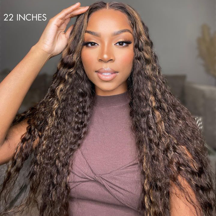 Boho-Chic | Chestnut Brown Highlights Bohemian Curly 5×5 Closure Lace Glueless Mid Part Long Curly Wig