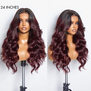 Charming Brown / Ombre 99J Layered Cut Loose Wave 5x5 Closure Lace Glueless Wig 100% Human Hair