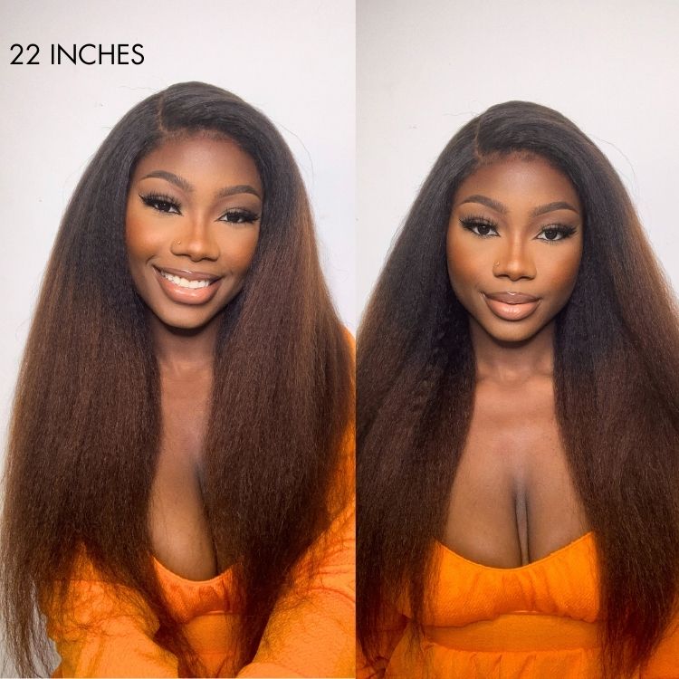 4C Edges | Kinky Edges Black to Brown Ombre Kinky Straight 5x5 Closure Lace Glueless Side Part Long Wig