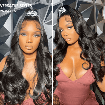 Lace front wig - 26 inches, natural black body wave with updo hairstyle