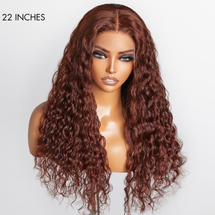 Casual Reddish Brown Curly 5x5 Closure Lace Glueless Mid Part Long Curly Wig 100% Human Hair